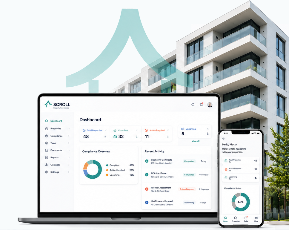 Scroll compliance platform shown on desktop and mobile devices
